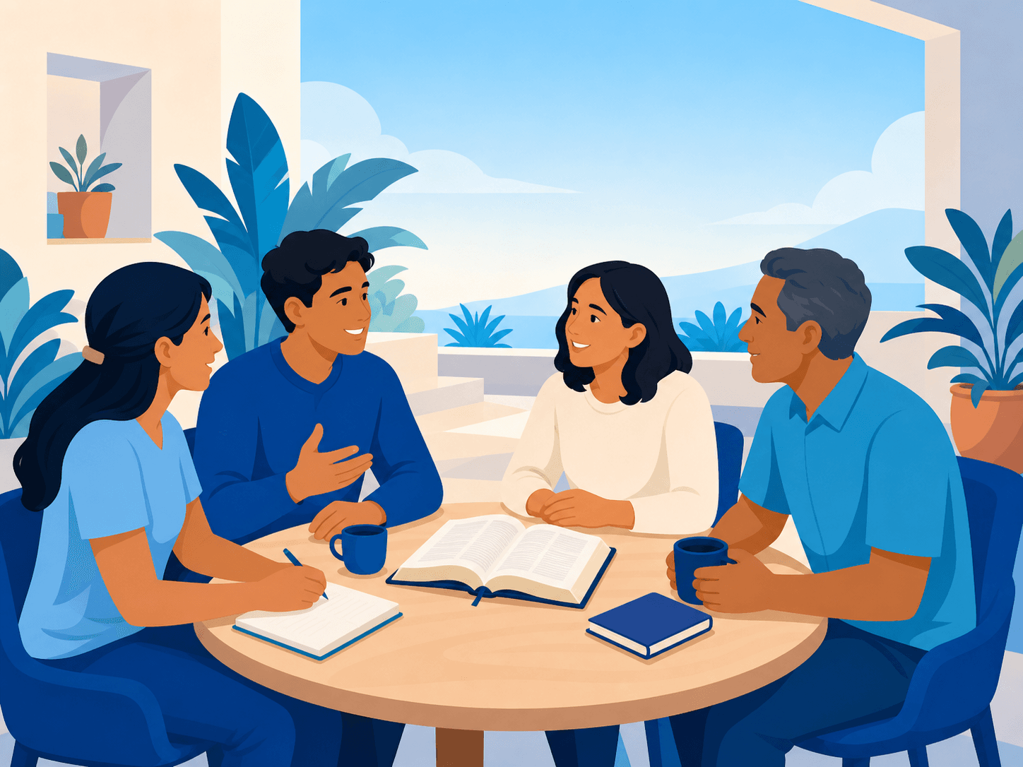 Un grupo de cuatro personas estudiando la Biblia y conversando alrededor de una mesa