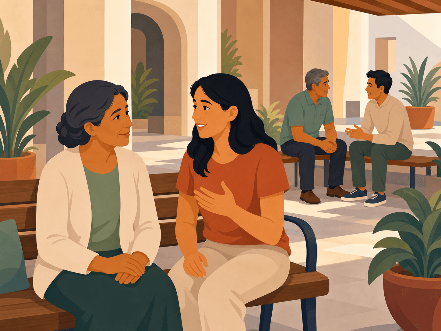 Dos mujeres y dos hombres de distintas edades conversando y escuchándose en un espacio comunitario